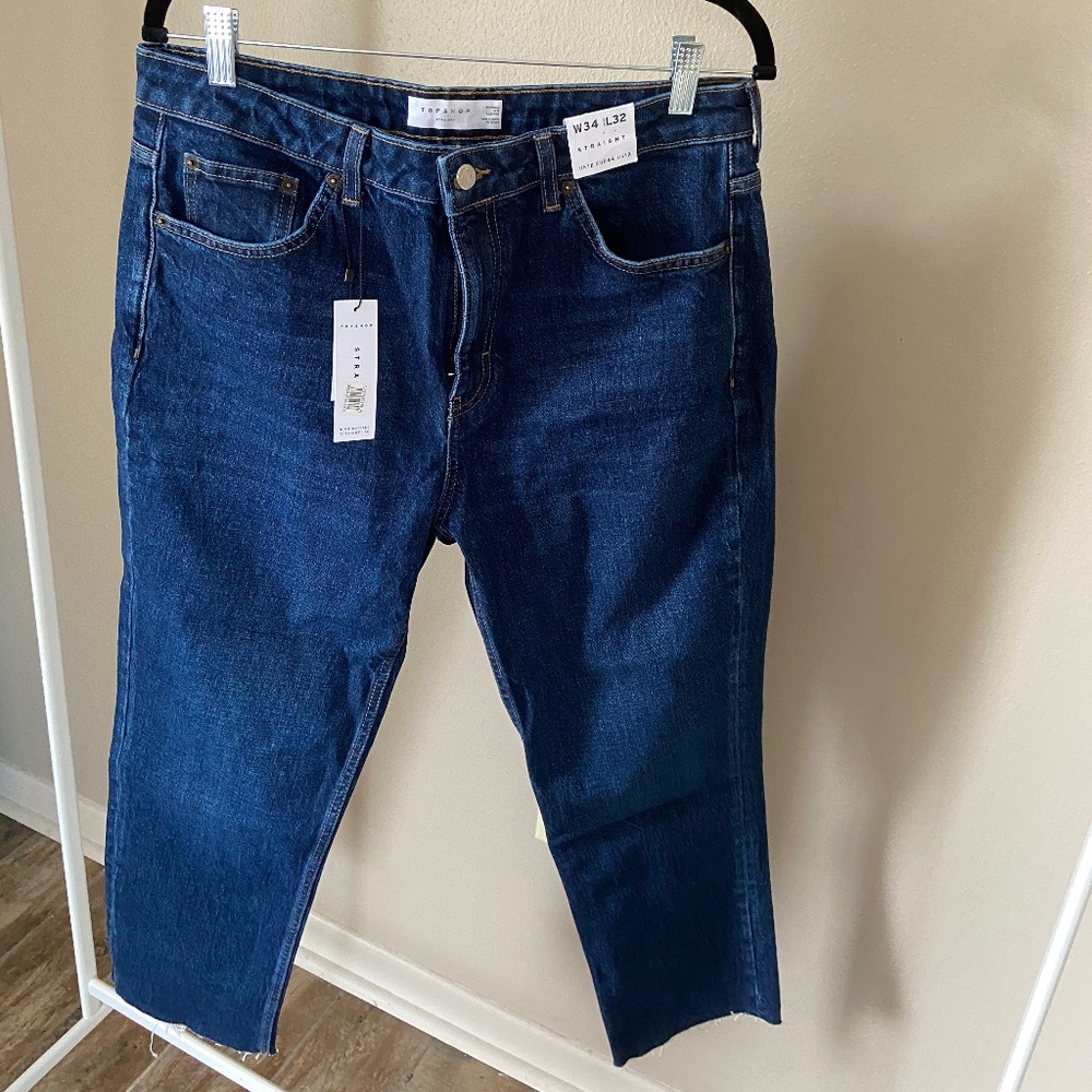 Topshop Dark Wash Raw Hem Straight Leg Jeans (NWT)